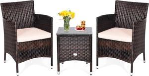 KOTEK 3 Piece Patio Furniture Set, Outdoor Wicker Conversation Set w/Glass Top Coffee Table, Thick Cushions, Rattan Bistro Set for Patio, Garden, Porch, Lawn (Beige)