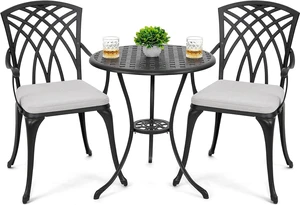 3-Piece Cast Aluminum Patio Bistro Set Table & 2 Chairs with Umbrella Hole and Gray Cushions, Black 3-Piece Cast Aluminum Patio Bistro Set Table & 2 Chairs with Umbrella Hole and Gray Cushions, Black