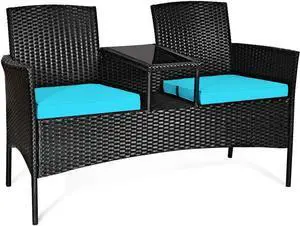 HAPPYGRILL Patio Loveseat Rattan Wicker Loveseat with Coffee Table, Outdoor Conversation Sofa Furniture with Cushions for Garden Lawn Backyard Porch