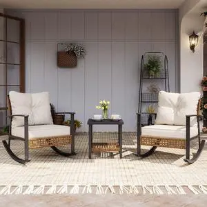 LAUSAINT HOME 3 Pieces Rocking Bistro Set, Outdoor Patio Furniture Set with Thick Cushions and 2-Tier Coffee Table, Oversize Rattan Conversation Sets for Garden, Balcony, Backyard (Beige)