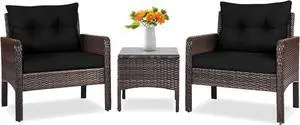 Tangkula 3 Piece Outdoor Patio Furniture Set, Wicker Chairs Set with Glass Top Coffee Table, Thick Cushions, All Weather Garden Lawn Poolside Backyard Porch Furniture Set for 2 (Black)