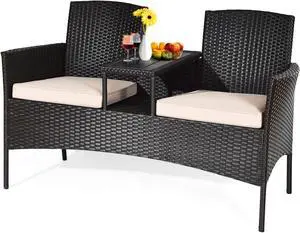 HAPPYGRILL Outdoor Loveseat Set, Patio Wicker Conversation Set with Removable Cushions and Coffee Table, Rattan Sofa Furniture Set for Garden Lawn Backyard