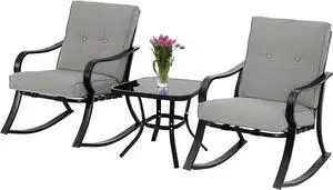 Betterland Outdoor 3-Piece Rocking Chairs Patio Bistro Sets, Glass-Top Coffee Table & Black Metal Patio Furniture with Thickened Cushions (Grey)