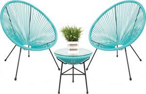 Best Choice Products 3-Piece Outdoor Acapulco All-Weather Patio Conversation Bistro Set w/Plastic Rope, Glass Top Table and 2 Chairs - Light Blue