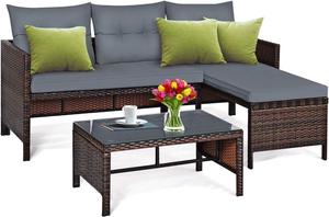 DORTALA 3 Piece Patio Furniture Set, Outdoor Rattan Sectional Sofa Set w/Seat Cushions, Coffee Table, Steel Frame Patio Wicker Rattan Conversation Furniture Set for Garden Lawn Deck (Grey)