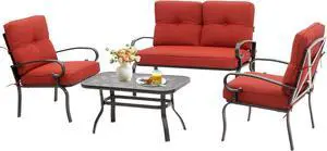 Oakcloud 4Pcs Metal Outdoor Furniture Patio Conversation Set (Loveseat and Coffee Table, 2 Dining Chair) -Wrought Iron Patio Chair Set with Cushions (Red)