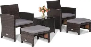 Tangkula 5 Pieces Wicker Patio Furniture Set with Waterproof Cover,Patiojoy Outdoor Cushioned Chairs and Ottoman Set with Single-Door Storage Coffee Table,Space-Saving