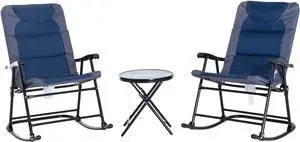 Outsunny 3 Piece Outdoor Patio Furniture Set with Glass Coffee Table & 2 Folding Padded Rocking Chairs, Bistro Style for Porch, Camping, Balcony, Navy Blue
