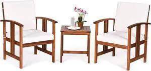 Tangkula 3 Pieces Patio Furniture Set, Includes Set of 2 Outdoor Acacia Wood Cushioned Chairs and Coffee Table, for Garden, Backyard, Poolside, Bistro and Deck, Patio Conversation Chat Set (White)