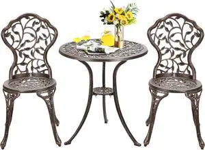 Giantex 3 Piece Bistro Set Cast Leaf Design Antique Outdoor Patio Furniture Weather Resistant Garden Round Table and Chairs (Leaf Design)