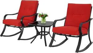 Incbruce 3 Piece Patio Bistro Set Outdoor Rocking Chairs Set, Porch Patio Conversation Chairs Set of 2 with Glass-Top Coffee Table (Red Thickened Cushion)