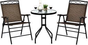 Giantex Patio Dining Set Round Glass Table with 2 Patio Folding Chairs, Outdoor Table and Chairs for Garden, Pool, Backyard, Tempered Glass Tabletop with Umbrella Hole (Brown)