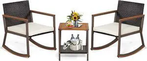 Tangkula 3 Pieces Rocking Bistro Set, Outdoor Rocker Chair with Coffee Table & Cushions, Patio Rattan Furniture Conversation Set for Balcony Porch Poolside (Off White)