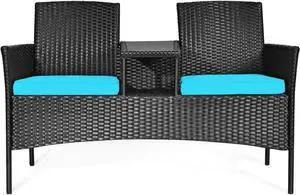 RELAX4LIFE Conversation Furniture Set with Table and Two Removable Cushions Rattan Wicker Chairs and Table Set for Patio,Garden, Baloney and Lawn Outdoor Porch Furniture Sets Loveseat (Black+Blue)