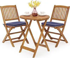 Tangkula 3 PCS Patio Folding Bistro Set, Outdoor Acacia Wood Chair and Table Set w/Padded Cushion& Round Coffee Table, Ideal for Indoor Patio Poolside Garden (Navy Blue)