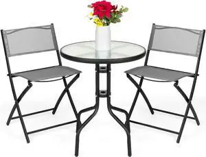 Best Choice Products 3-Piece Patio Bistro Dining Furniture Set w/Textured Glass Tabletop, 2 Folding Chairs, Steel Frame, Polyester Fabric - Gray