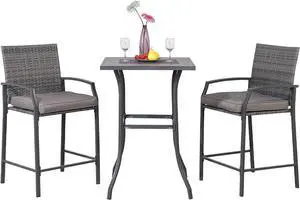 OC Orange-Casual 3-Piece Patio Bar Set, All-Weather Wicker High Top Outdoor Table and Chairs, 2 Height Rattan Bar Stools with Wood Grain Top Coffee Table, for Porch, Garden, Bistro, Grey Cushion