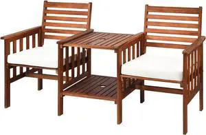 Tangkula Acacia Wood Loveseat, 3pcs Outdoor Table Chairs Set, Patio Conversation Set w/Coffee Table and Soft Cushions, 2.1-inch Umbrella Hole, 2-Seater Furniture Set (White)
