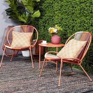 Grand patio Outdoor Acapulco 3-Pc Steel Low Seat Lounge Bistro Set, Open Weave Wicker Small Seating Set with Reclined Back for Balcony, Patio, Pool, Garden, Backyard, Tangerine