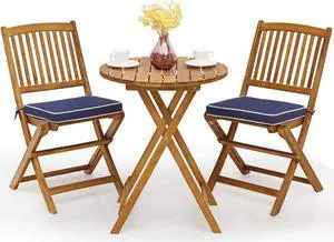 Giantex 3Pcs Patio Bistro Set, Wood Folding Table Set, 2 Cushioned Chairs for Garden Yard, Outdoor Furniture Round Table (Natural & Navy Blue)