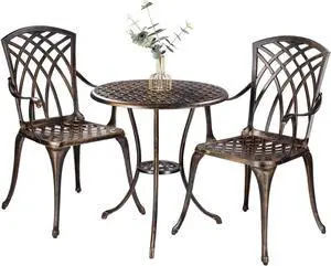 Bistro Set 3 Piece Rustproof Cast Aluminum Patio Furniture Sets Round Table with Umbrella Hole for Outdoor, Patio, Balcony, Bronze