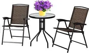 S AFSTAR 3-Piece Bistro Set, Patio Furniture Set for Outdoor Poolside Balcony Garden Yard, 27.5" H Outdoor Round Table and 2-Pack Folding Chairs, 3PCS Bistro Dining Furniture Set