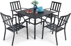 PHI VILLA 5 Piece Outdoor Dining Table Set for 4, 37 Square Metal Dining Table with Umbrella Hole & Stackable Steel Chairs for Patio, Deck, Yard