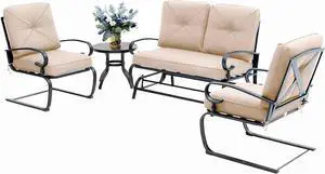 4 Pieces Metal Outdoor Furniture Patio Conversation Set, Glider Chairs Set with Round Side Table, Spring Lounge Chair Sets Metal Frame Wrought Iron Look (Brown)