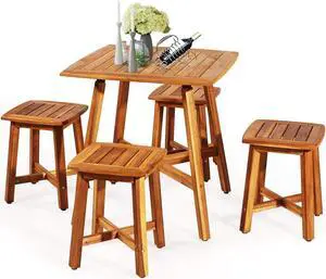 Tangkula 5 Piece Wood Patio Dining Set, Outdoor Dining Furniture w/Square Table & 4 Stools, Garden Conversation Dinging Set for Porch, Backyard, Balcony, Poolside, Reddish Brown