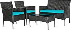 HAPPYGRILL 4 Pieces Patio Furniture Set Rattan Wicker Conversation Set with Tempered Glass Top Table, Outdoor Wicker Sofa Set with Removable Cushions for Poolside Garden Backyard