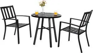 PHI VILLA 3 Piece Outdoor Patio Bistro Dining Set, Slatted Metal Round Table & 2 Patio Chairs, Outdoor Furniture Set for Porch, Deck