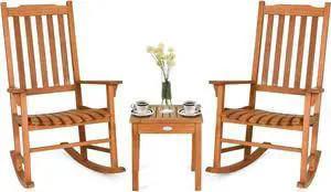 Tangkula 3 Piece Patio Rocking Bistro Set, Patiojoy Eucalyptus Wood Conversation Set with 2 Rockers and 1 Coffee Table, Outdoor Rocking Chair Set with Coffee Table for Porch, Patio and Backyard