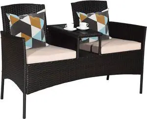 Tangkula Outdoor Rattan Loveseat, Patio Conversation Set with Cushions & Table, Modern Patented Wicker Sofa Set with Built-in Coffee Table, Rattan Sofas for Garden Lawn Backyard