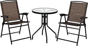 Giantex Patio Dining Set with 2 Patio Folding Chairs, Outdoor Round Table and Chairs for Garden, Pool, Backyard, Tempered Glass Tabletop, Bistro Dining Furniture Set (Brown)