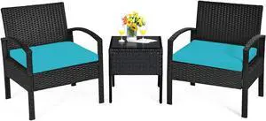 Tangkula 3 Piece Patio Conversation Set, Outdoor Rattan Sofa Set with Seat Cushions & Coffee Table, Patio Wicker Furniture Set for Garden Balcony Backyard Poolside (Turquoise)