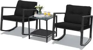 HAPPYGRILL 3-Piece Rocking Bistro Set Outdoor Patio Conversation Set with Rocking Chairs and Coffee Table, Rattan Wicker Furniture Set for Garden Lawn Backyard Balcony