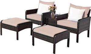 Tangkula Wicker Furniture Set 5 Pieces PE Wicker Rattan Outdoor All Weather Cushioned Sofas and Ottoman Set Lawn Pool Balcony Conversation Set Chat Set