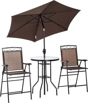 Outsunny 4 Piece Outdoor Patio Dining Furniture Set, 2 Folding Chairs, Adjustable Angle Umbrella, Wave Textured Tempered Glass Dinner Table, Brown