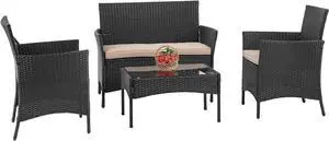 FDW Outdoor Indoor Use Rattan Chairs Wicker Patio Loveseats Conversation Sets with Table Cushions for Backyard Lawn Porch Garden Balcony, Love Seats, Black and Beige