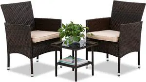 FDW Outdoor Patio Wicker Rattan Chair Conversation Garden Porch Furniture Sets for Yard and Bistro with Coffee Table (Brown)
