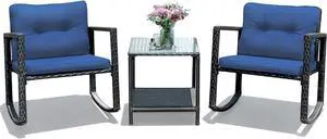 Tangkula 3 Pieces Patio Wicker Rocking Bistro Set, Outdoor Rocking Chair Furniture Set w/Cushioned Seat, Conversation Set w/Glass Coffee Table and Storage Shelf (Navy Blue)