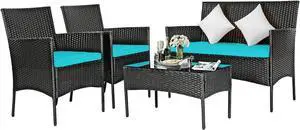 DORTALA 4 Pieces Patio Furniture Set, Rattan Conversation Set with Coffee Table & Cushions, Outdoor Wicker Sofa Set for Poolside, Backyard, Turquoise