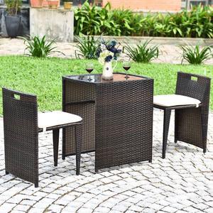 Tangkula 3 Piece Outdoor Rattan Dining Set, No Assembly Patio Bistro Set with Tempered Glass Table, Space Saving Patio Wicker Cushioned Chair Furniture Set for Courtyard, Balcony, Garden (Brown)
