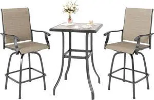 MFSTUDIO 3 PCS Patio Bar Set with 2 Swivel Bar Stools (Breathable Sling Fabric) and 1 Table, Bar Height Bistro Set for 2