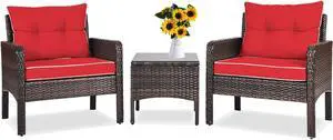 DORTALA 3 Piece Patio Furniture Set, Outdoor Rattan Wicker Conversation Set with Cushions, Glass Top Coffee Table for Garden Balcony Poolside, Red