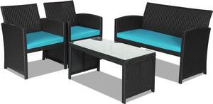 DORTALA 4 Pieces Patio Wicker Conversation Furniture Set, Outdoor Rattan Sofas with Bistro Sets with Coffee Table for Courtyard Balcony Wicker Chairs with Soft Cushion and Table, Turquoise