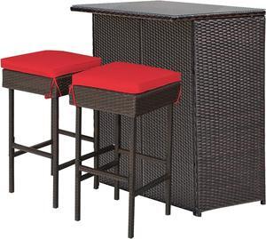 DORTALA 3 Pieces Rattan Patio Bar Table & Stool Set, Patio Furniture Set for Lawn Pool BackyardFront Porch, Dining Set w/Cushion, Red