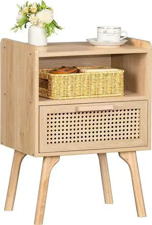 Lerliuo Rattan Nightstand, Boho Side Table with Drawer Open Shelf Lerliuo Rattan Nightstand, Boho Side Table with Drawer Open Shelf