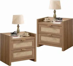 SICOTAS Rattan Nightstand Set of 2, Bedside Table with 2 Large Drawers SICOTAS Rattan Nightstand Set of 2, Bedside Table with 2 Large Drawers