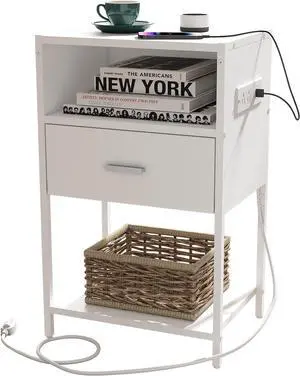 LDTTCUK Nightstand with Charging Station, Modern End Table with Drawer, White Bedside Table with Open Storage for Bedroom LDTTCUK Nightstand with Charging Station, Modern End Table with Drawer, White Bedside Table with Open Storage for Bedroom